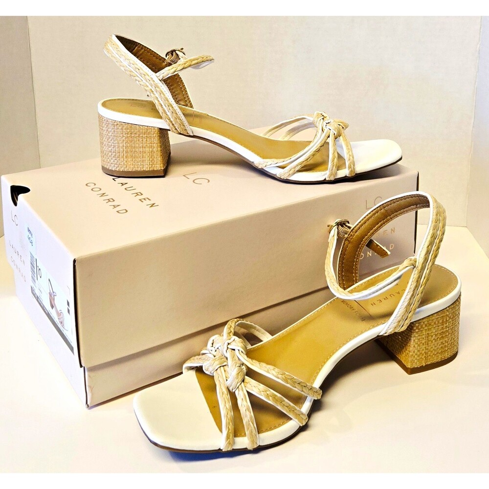 LC Lauren Conrad Zandi Woven Block Heel Sandals White Boho Raffia Knot Size 10